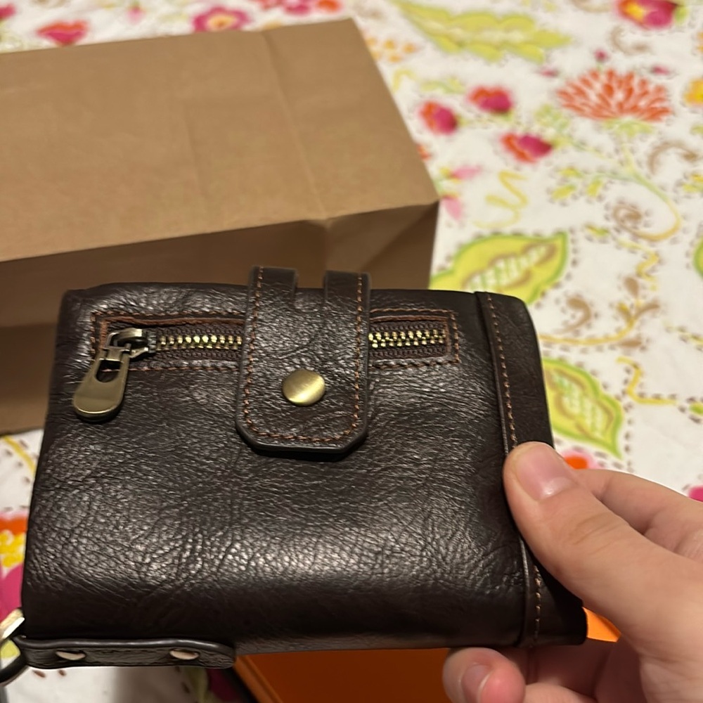 Brown Leather Wallet with Zipper Detail